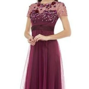 JS Collections Mesh Embellished Bodice Short Sleeve Dress Sz 16 Burgundy NWT